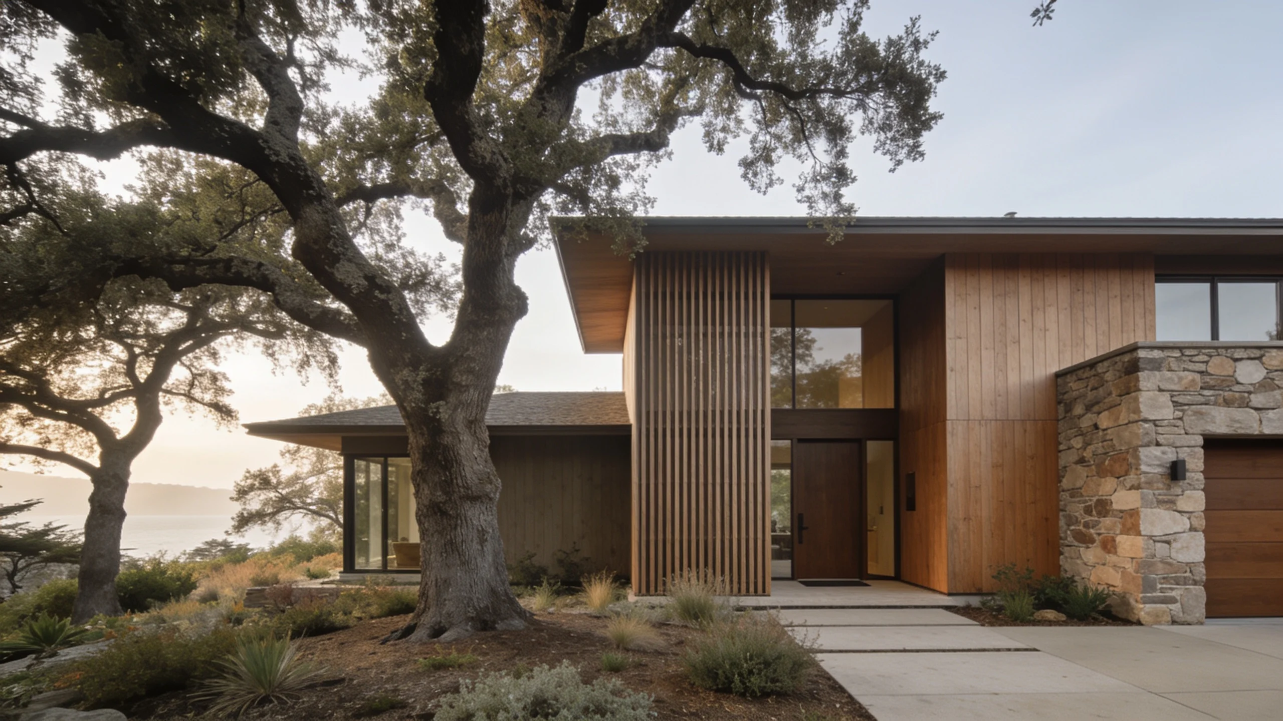 Conceptual California residence framed by mature oak trees